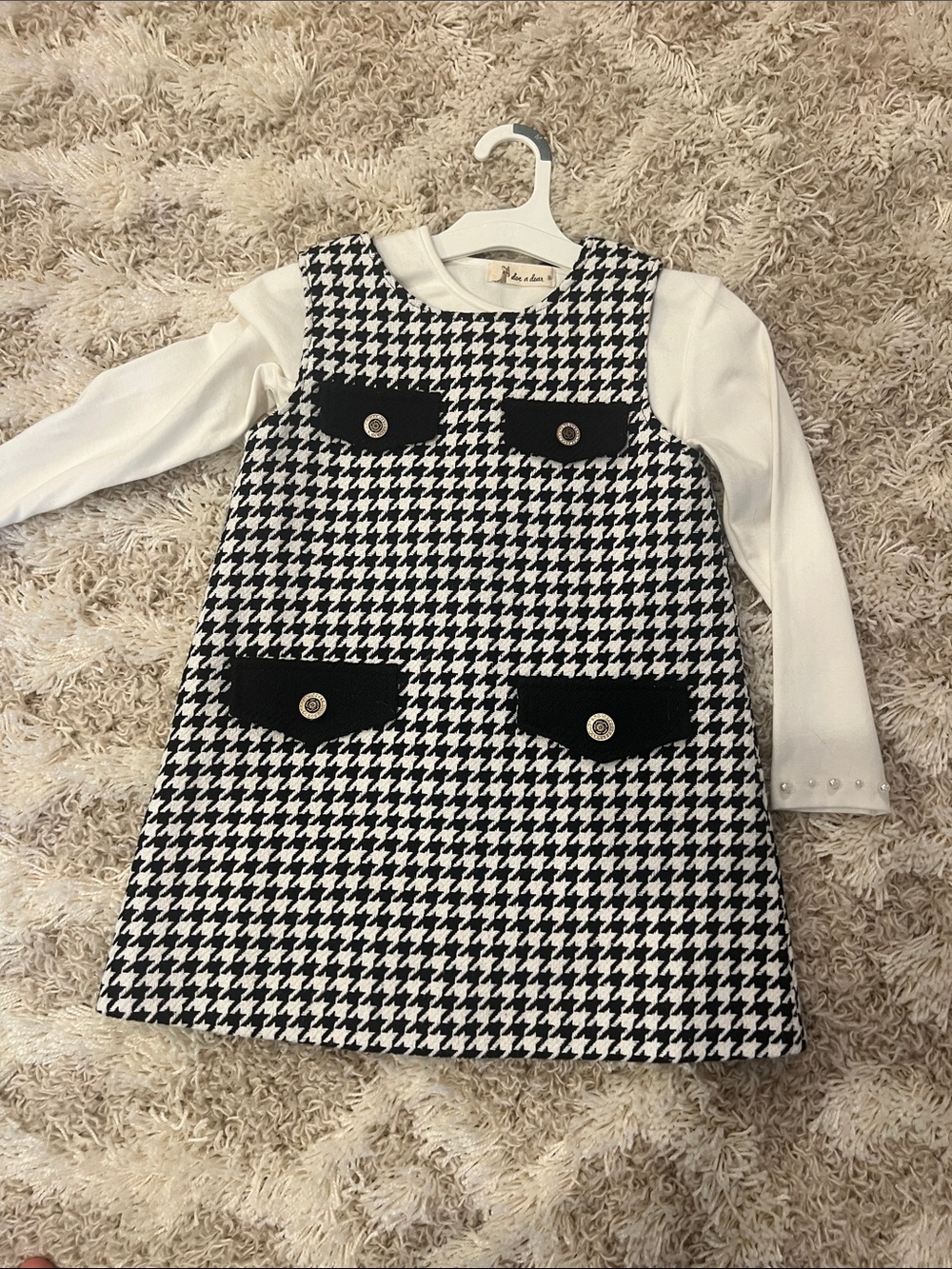 Girls Black & White Houndstooth Pinafore Dress with White Sleeves